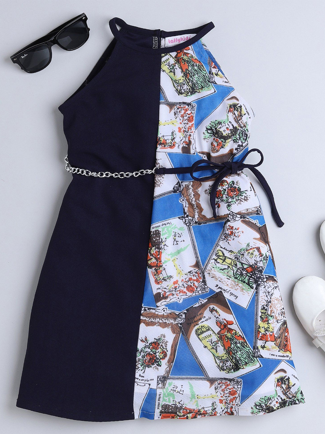 

taffykids Girls Printed Halter Neck A-Line Dress, Navy blue