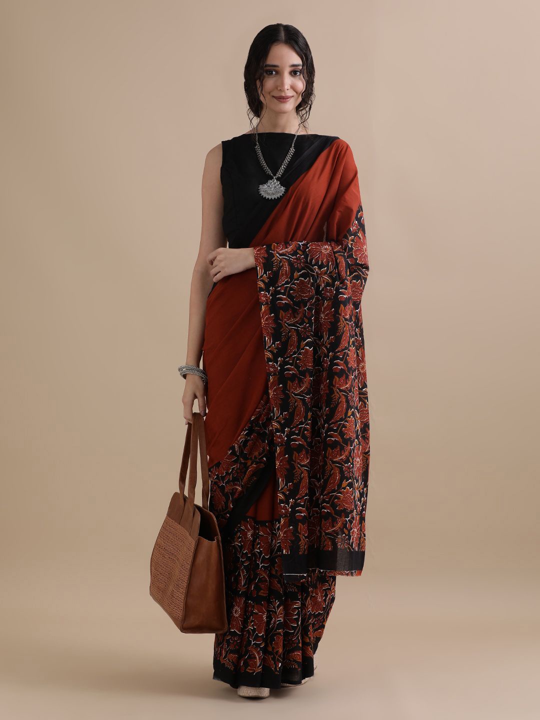 

Jaipur Kurti Women Ethnic Printed Pure Cotton Saree, Rust