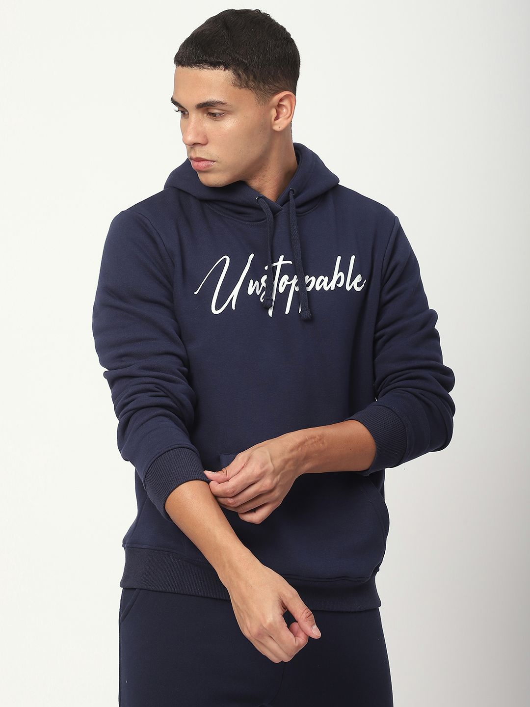 

R&B Men Cotton Typography Printed Long Sleeves Hooded Sweatshirt, Blue