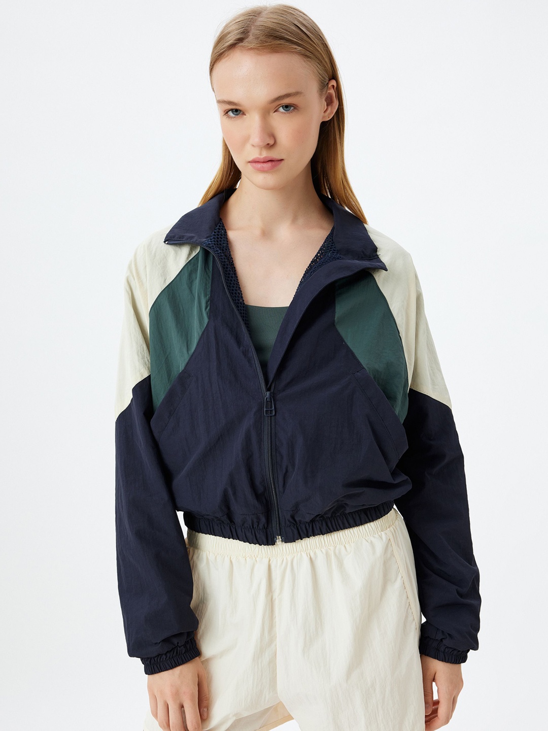 

Koton Women Mock Collar Colourblocked Casual Bomber Jacket, Navy blue