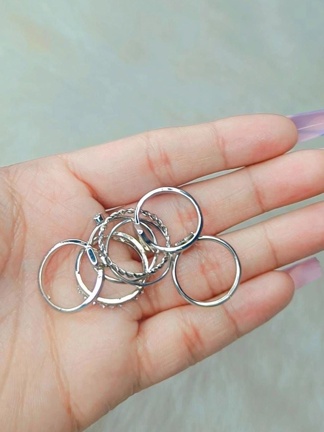 

YU FASHIONS Set Of 8 Silver-Plated Stainless Steel Adjustable Finger Ring