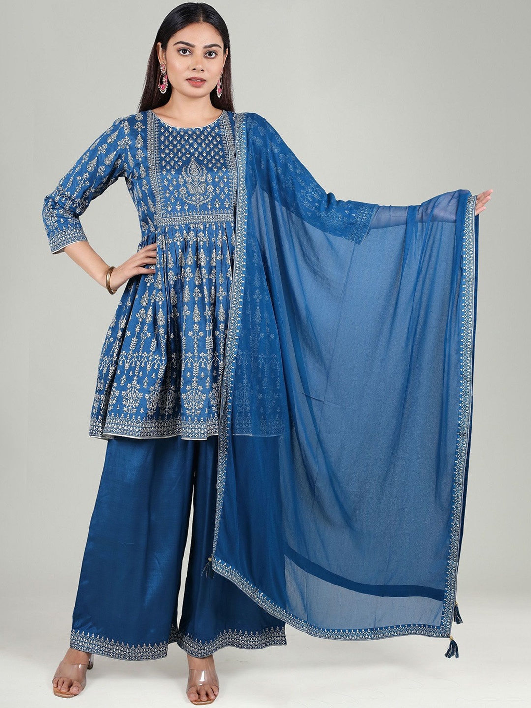 

COTTON CULTURE Women Ethnic Motifs Printed Angrakha Pure Cotton Kurta with Palazzos & With Dupatta, Blue