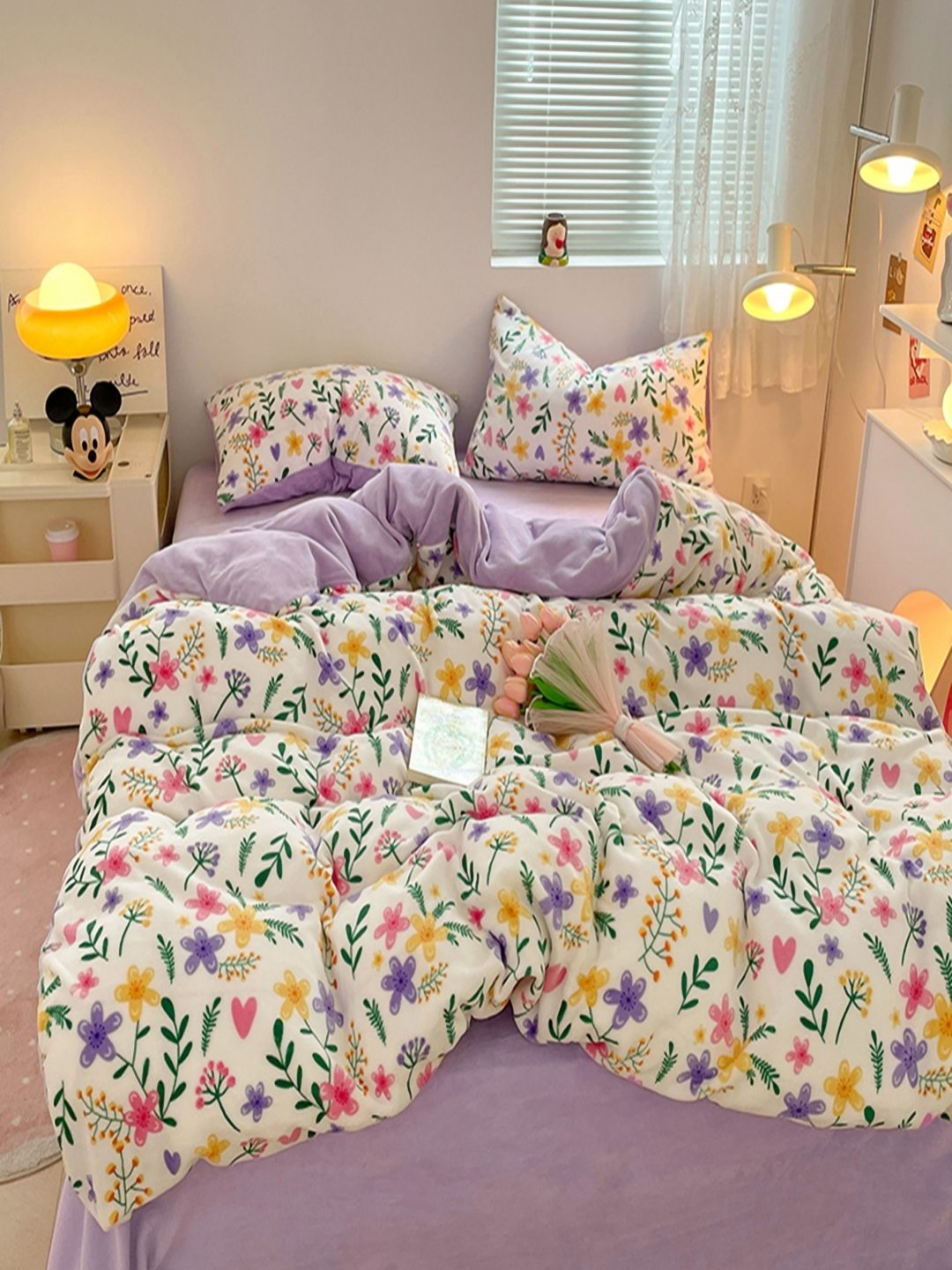 

JC HOME Purple & Green Floral Polycotton 3 Piece Double Queen Regular Bedding Set