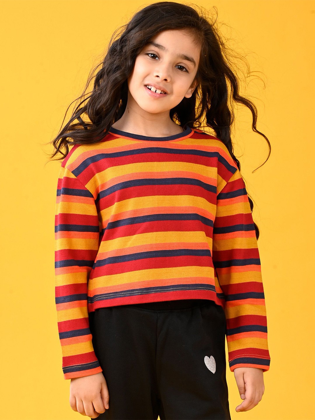 

Anthrilo Girls Striped Round Neck Cotton T-shirt, Red