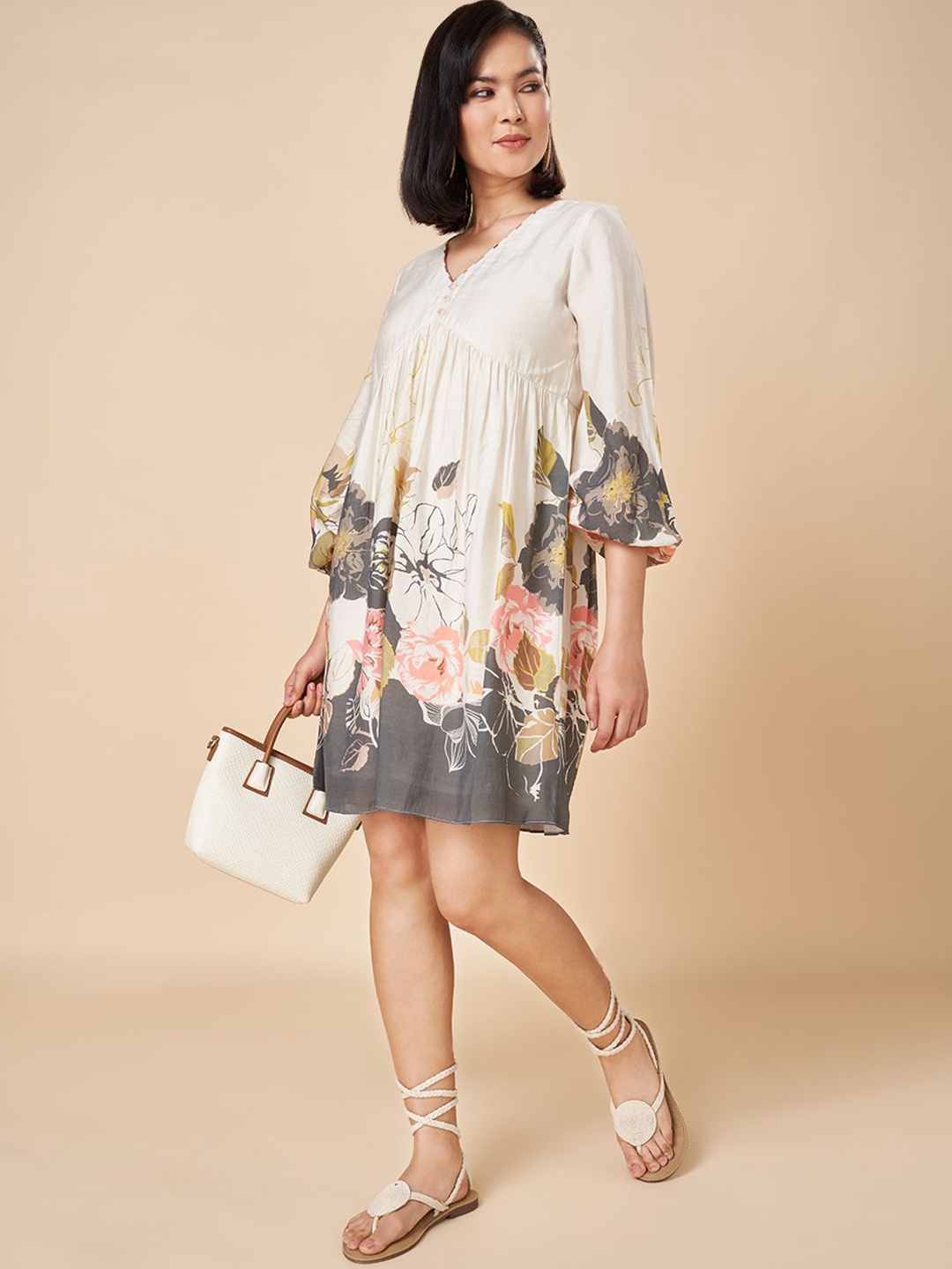 

Marigold Lane Women Floral Puff Sleeves A-Line Dress, Khaki