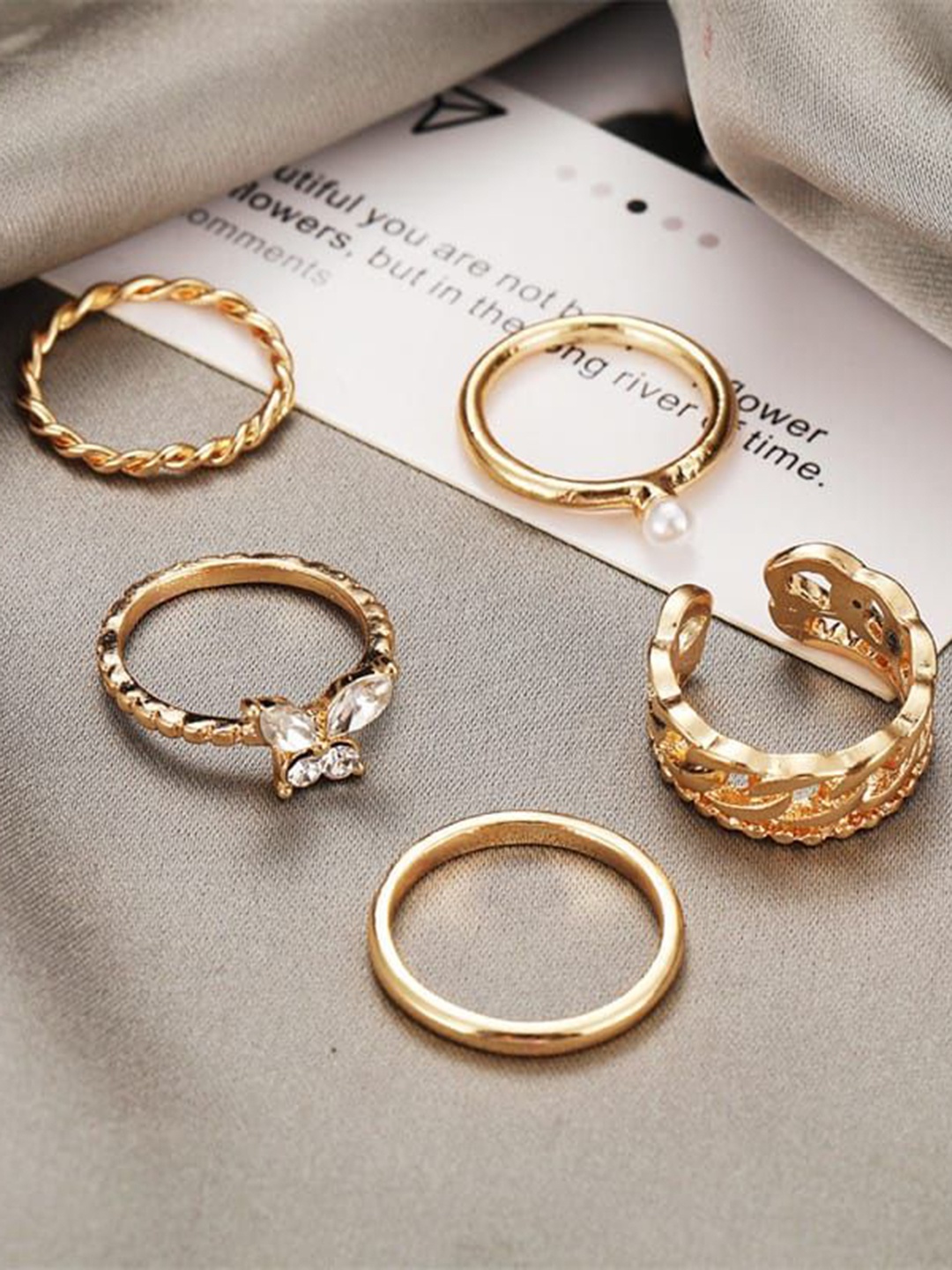 

YU FASHIONS Set Of 5 Gold-Plated Stainless Steel Stone-Studded Finger Ring