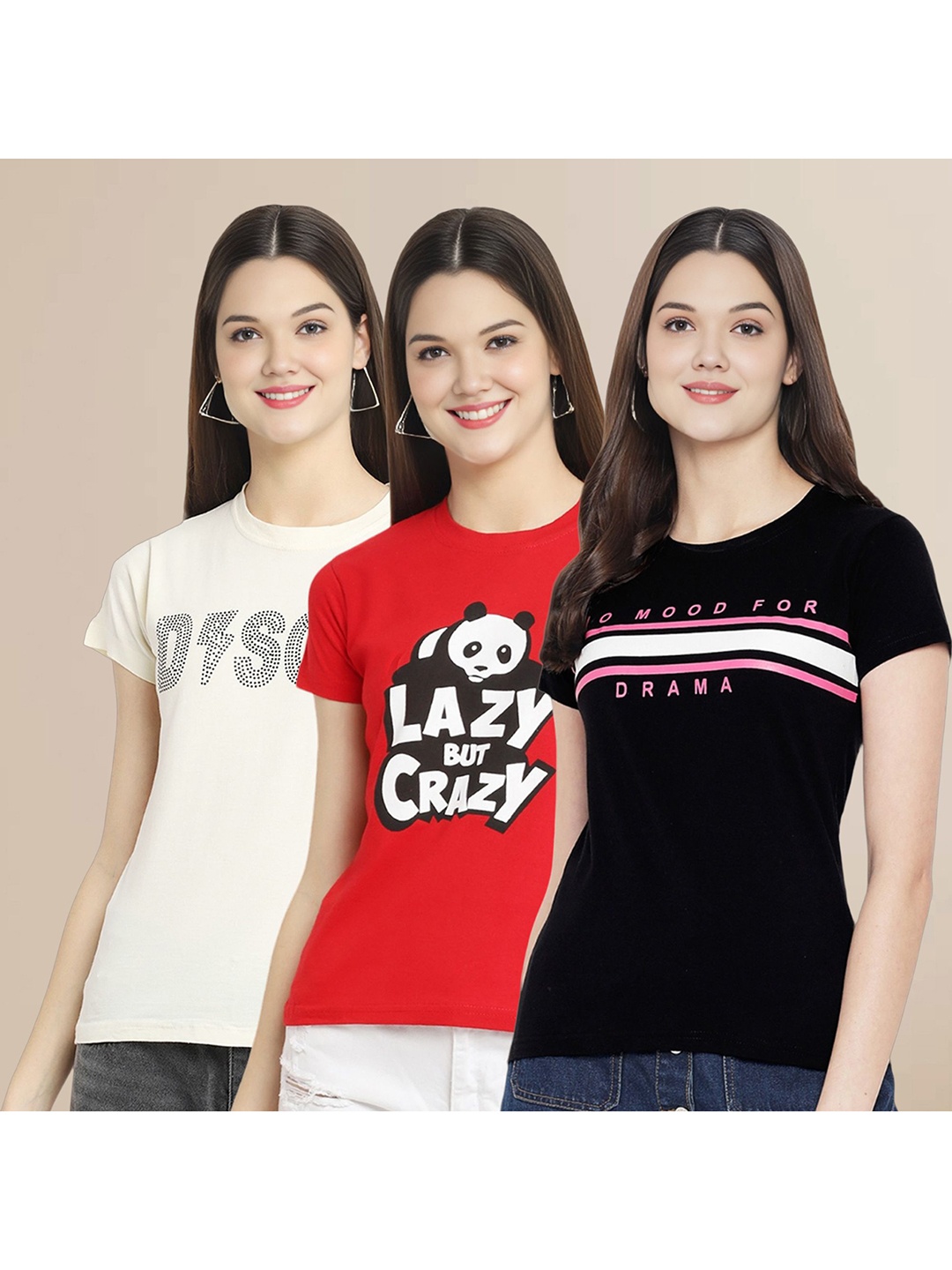 

Metronaut Women Pack Of 3 Typography Printed Round Neck Cotton T-shirts, Off white