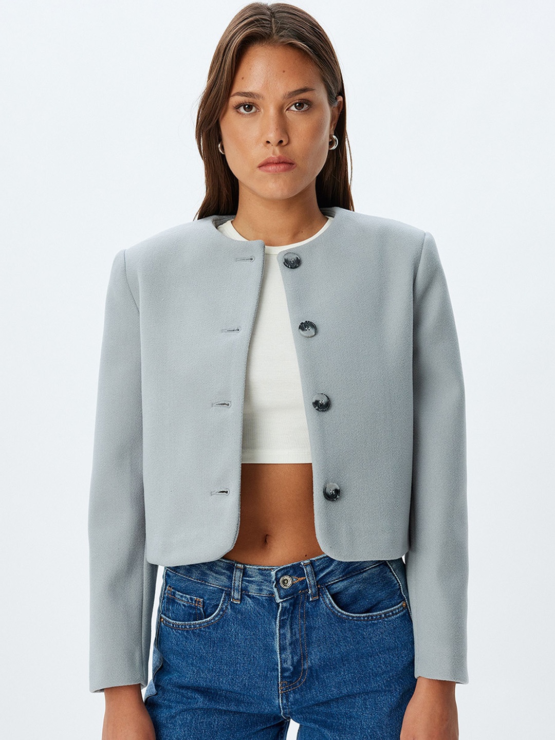 

Koton Women Colourblocked Crop Tailored Jacket with Patchwork, Blue