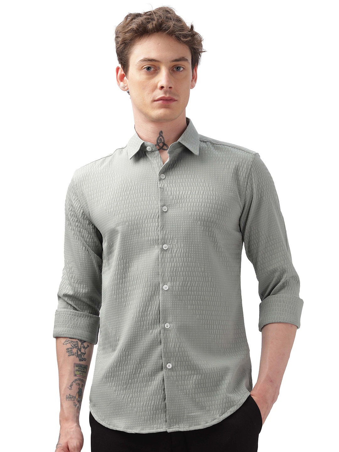 

ilyzly Men Standard Spread Collar Solid Cotton Casual Shirt, Green