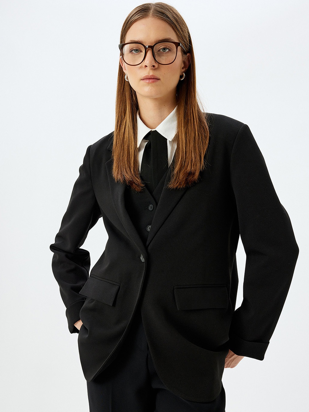 

Koton Women Colourblocked Longline Tailored Jacket with Embroidered, Black
