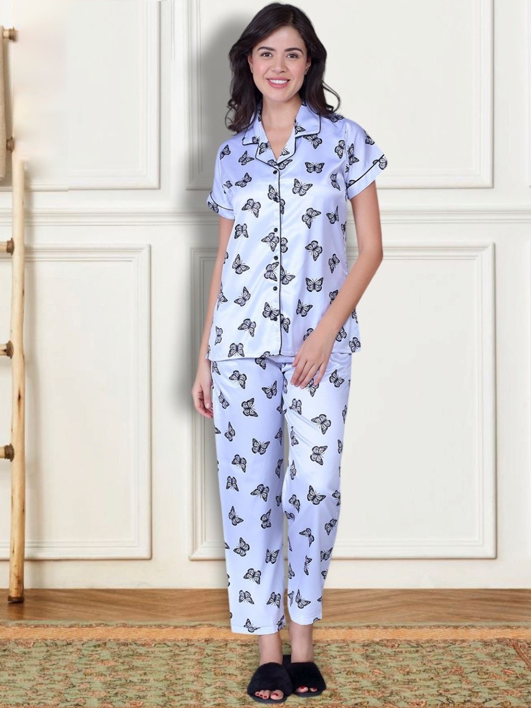 

THE DAILY OUTFITS Women Printed Lapel Collar Night Suit, White