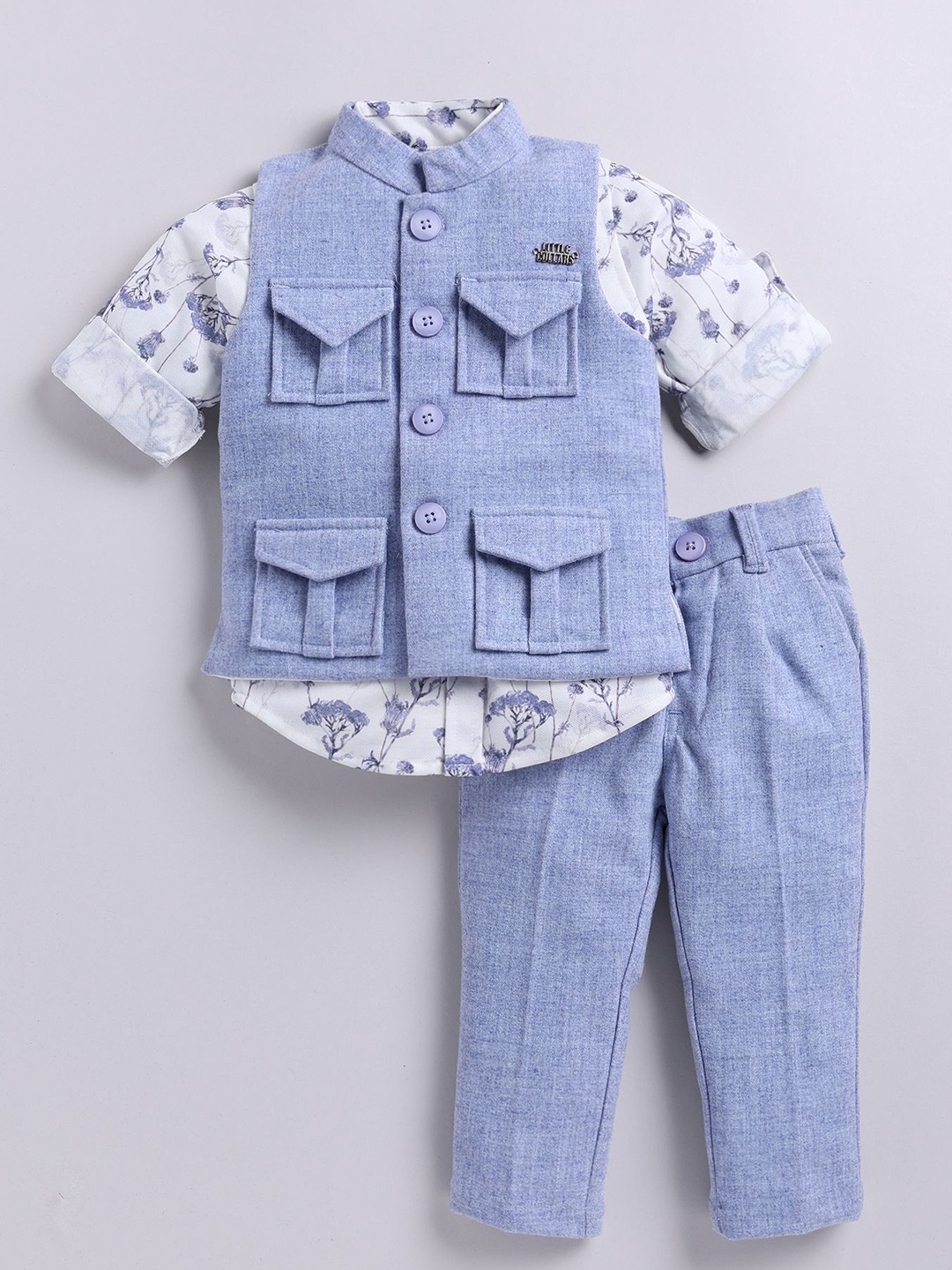 

LITTLE COLLARS Boys Self Design Shirt With Trousers & Waistcoat, Blue
