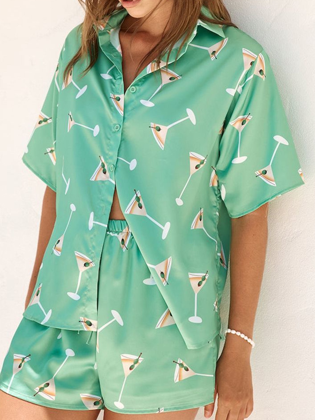 

LULU & SKY Women Printed Shirt With Shorts Night Suits, Green