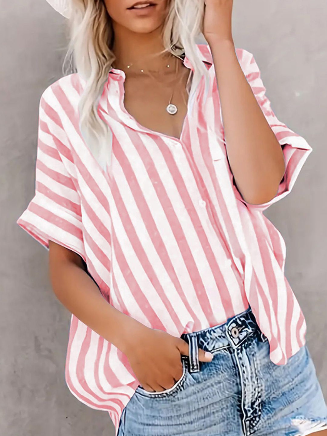 

StyleCast x Revolte Women Spread Collar Multi Striped Casual Shirt, Pink