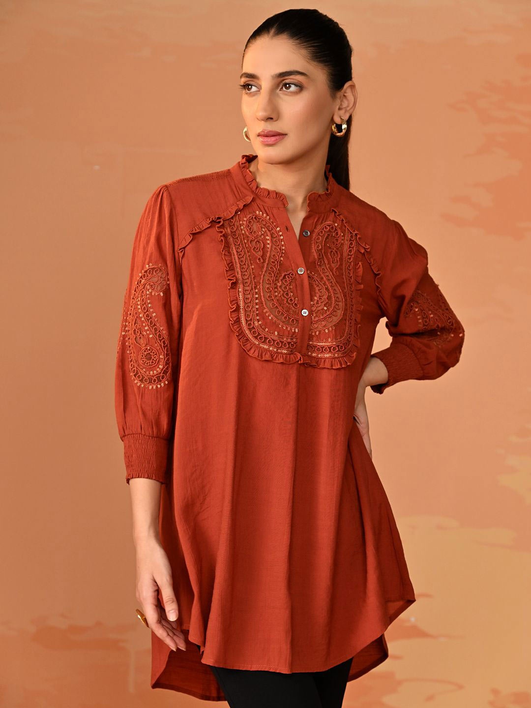 

Lakshita Women Mandarin Collar Linen Top, Rust