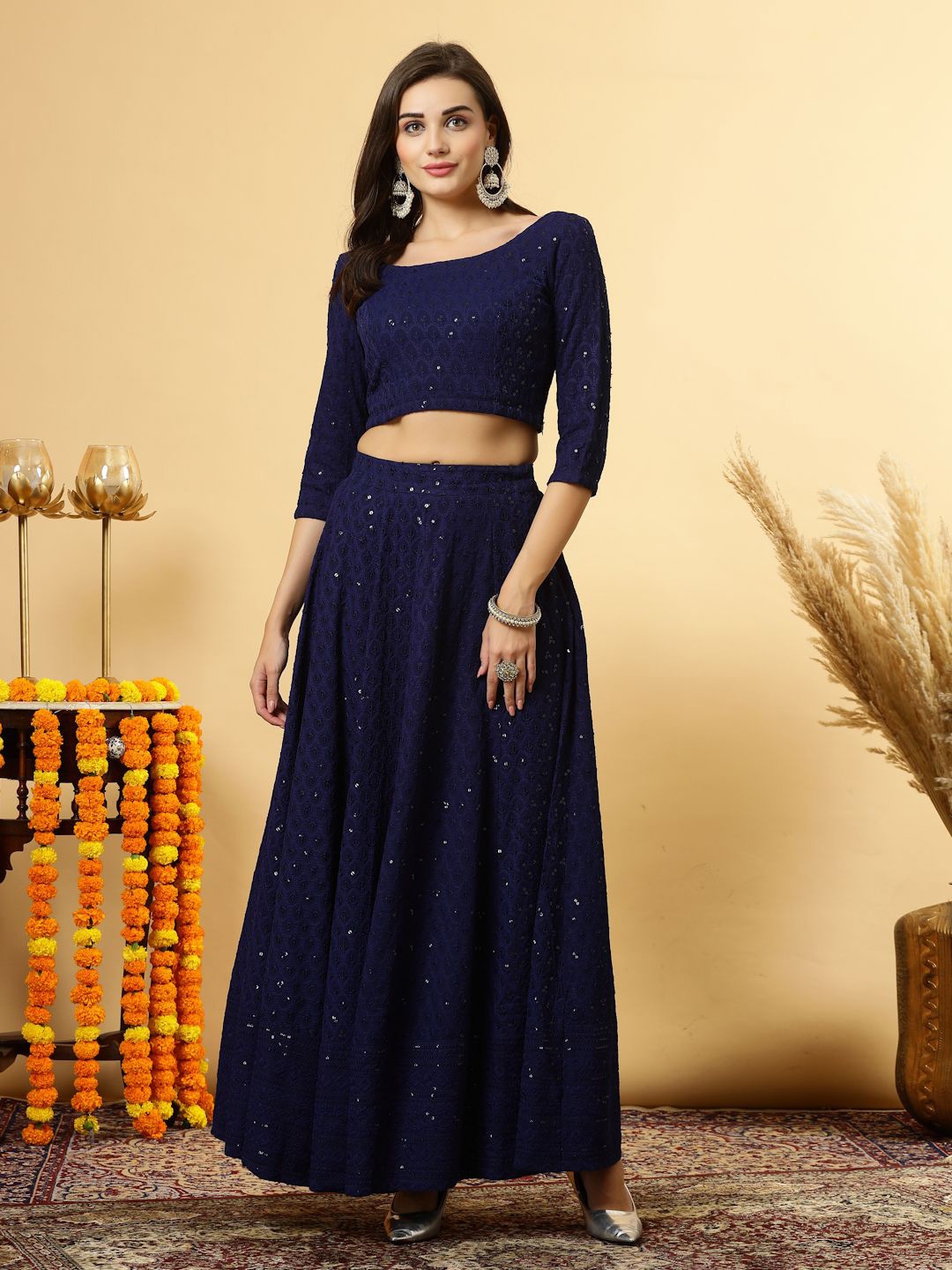

Get Glamr Embellished Sequinned Ready to Wear Lehenga & Blouse, Navy blue