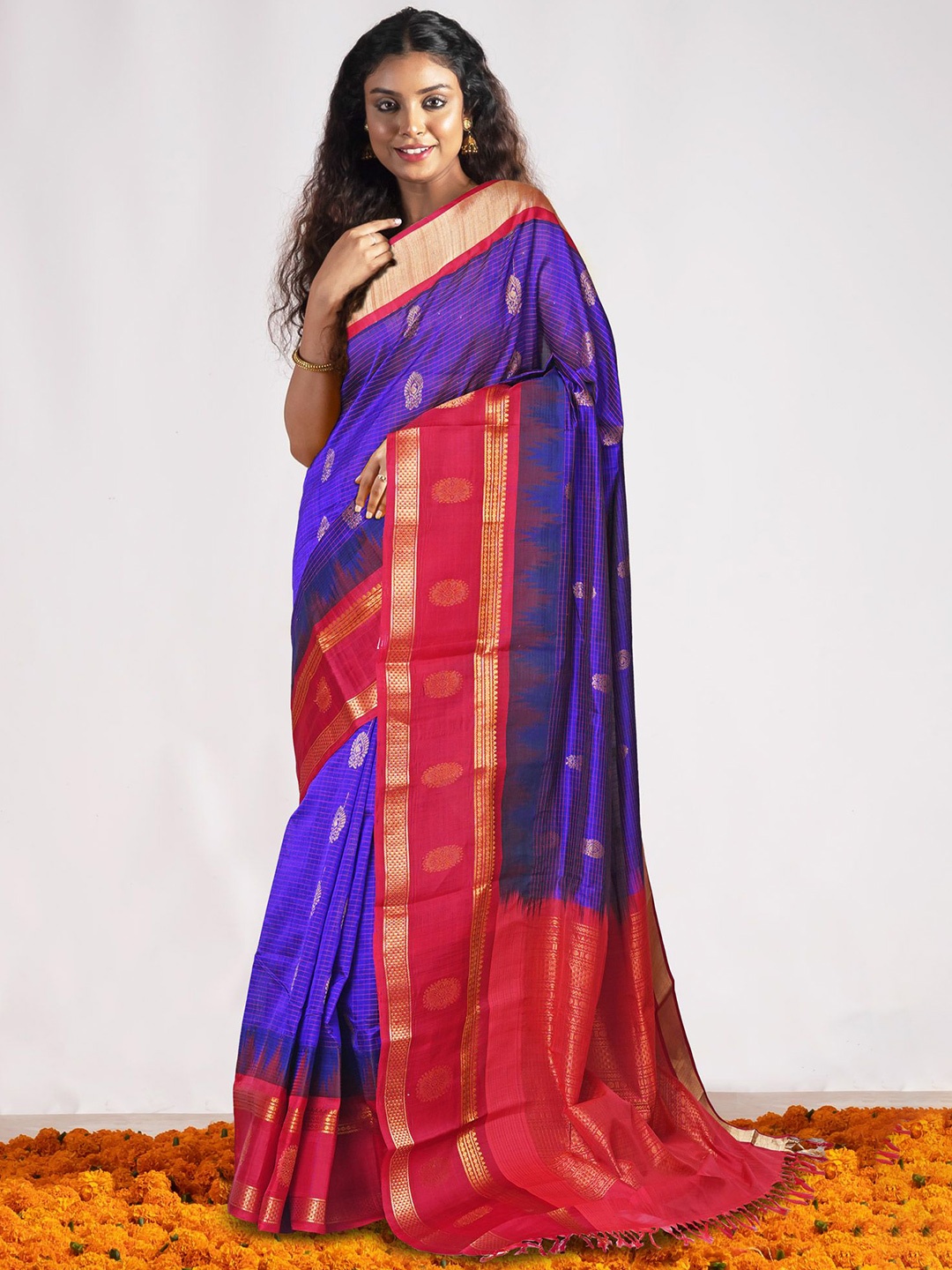 

Unnati Silks Woven Design Zari Silk Cotton Kanjeevaram Saree, Purple