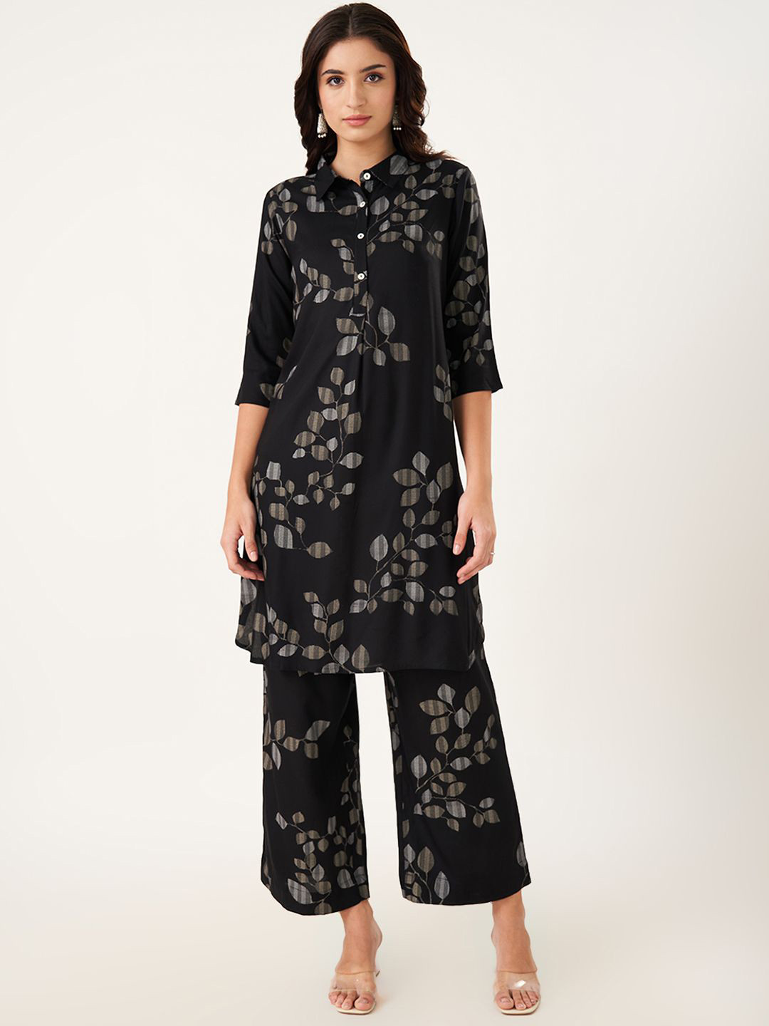 

RANGMANCH BY PANTALOONS Floral Printed Shirt Collar Thread Work A-Line Kurta, Black