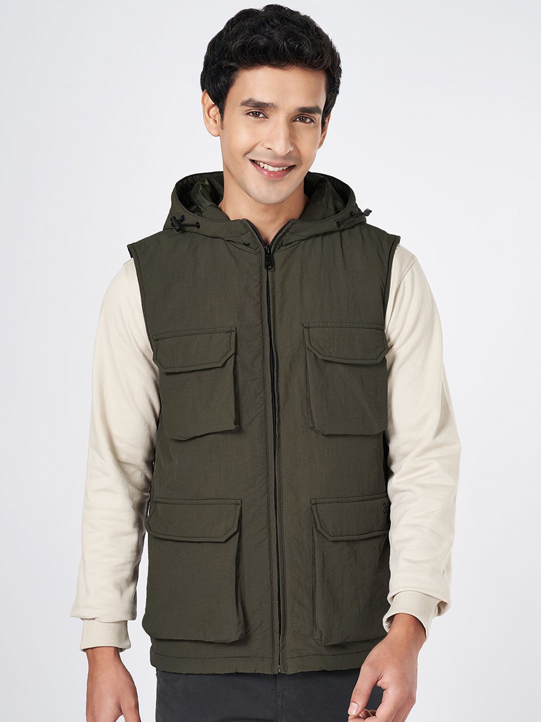 

Urban Ranger by pantaloons Men Hooded Solid Casual Bomber Jacket, Olive