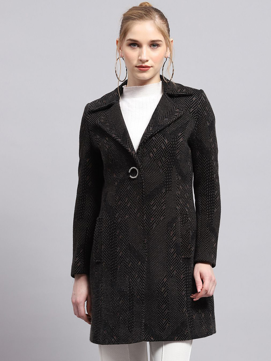 

Monte Carlo Women Self Design Long Sleeve Woolen Overcoat, Black