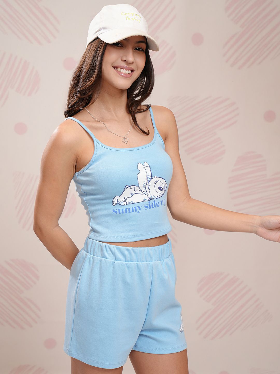 

Tokyo Talkies Blue Printed Shoulder Straps Neck Sleeveless Pure Cotton Top With Shorts