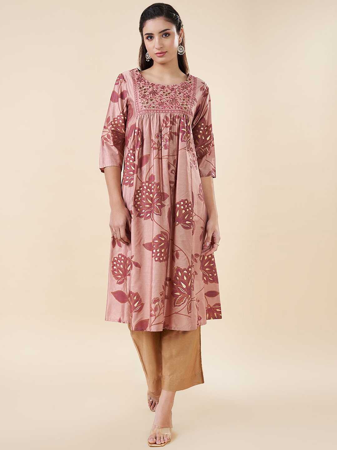 

RANGMANCH BY PANTALOONS Floral Printed Panelled Sequinned Anarkali Kurta, Rust