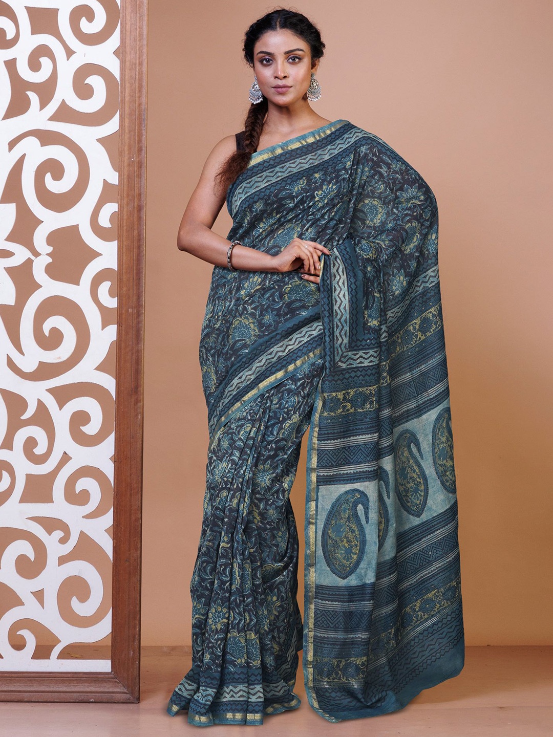 

Unnati Silks Floral Printed Chanderi Saree, Blue