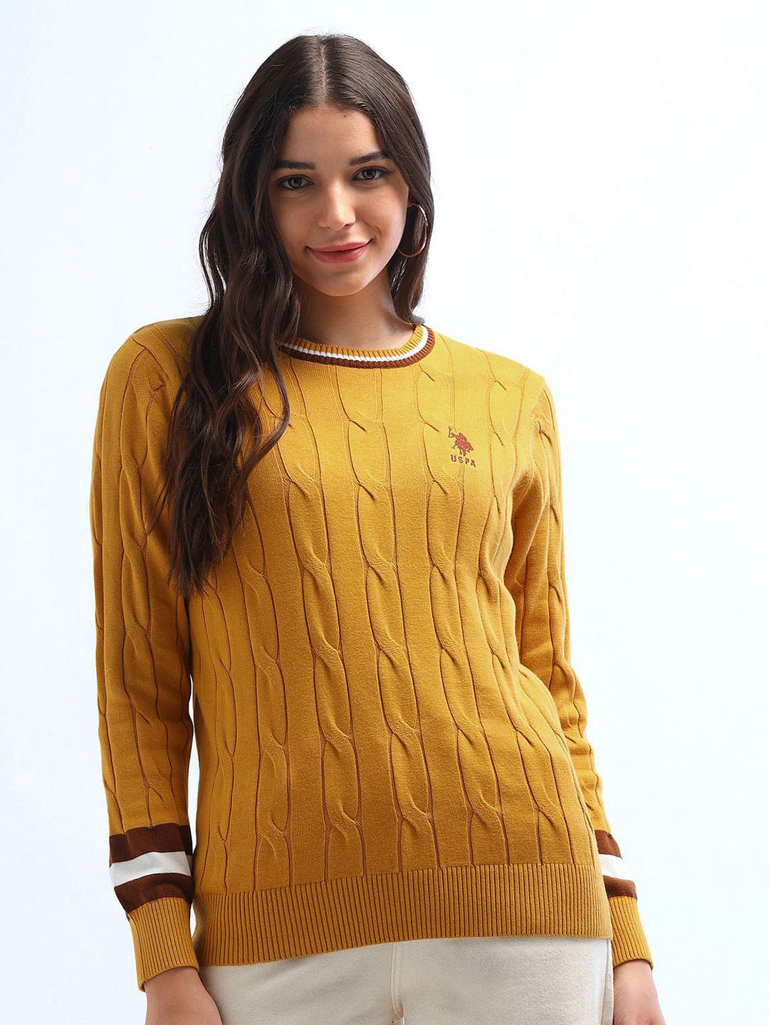 

U.S. Polo Assn. Women Self Design Cable Knit Pullover, Yellow