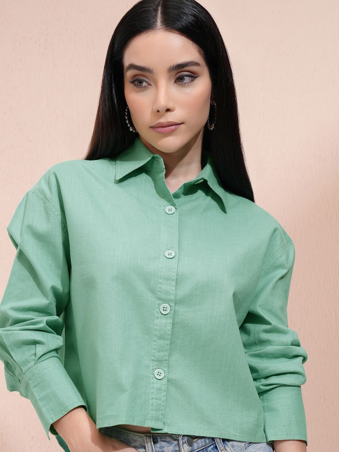 

Tokyo Talkies Women Button Down Drop Shoulder Cotton Shirt, Green