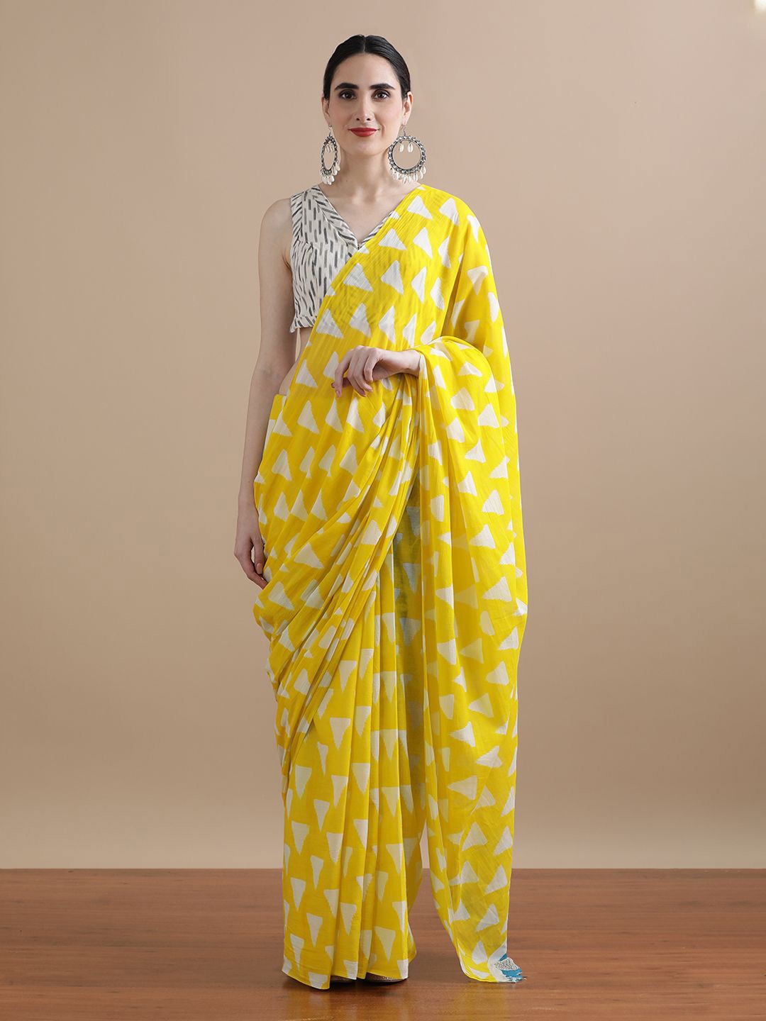 

Jaipur Kurti Geometric Printed Pure Cotton Saree, Yellow