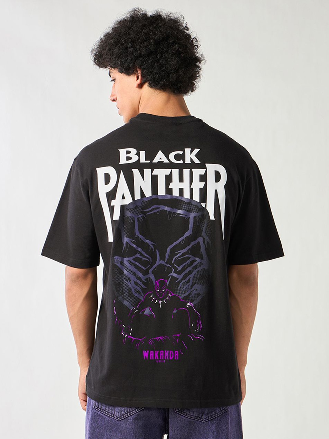 

Bewakoof Men Graphic Printed Round Neck Pure Cotton Oversized Black Panther T-shirt