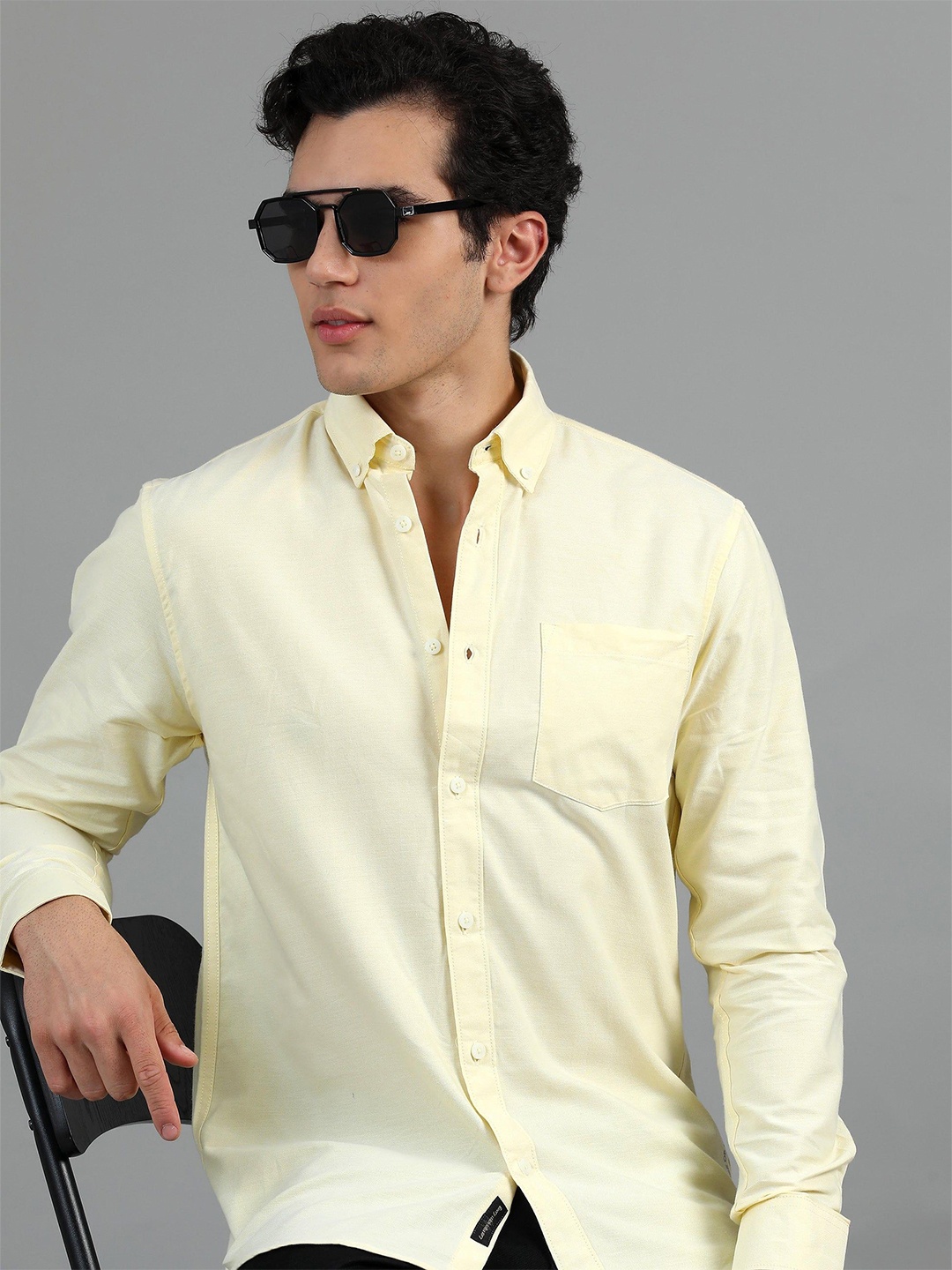 

HOUSE OF MAHNOTS Men Classic Button-Down Collar Solid Cotton Casual Shirt, Yellow