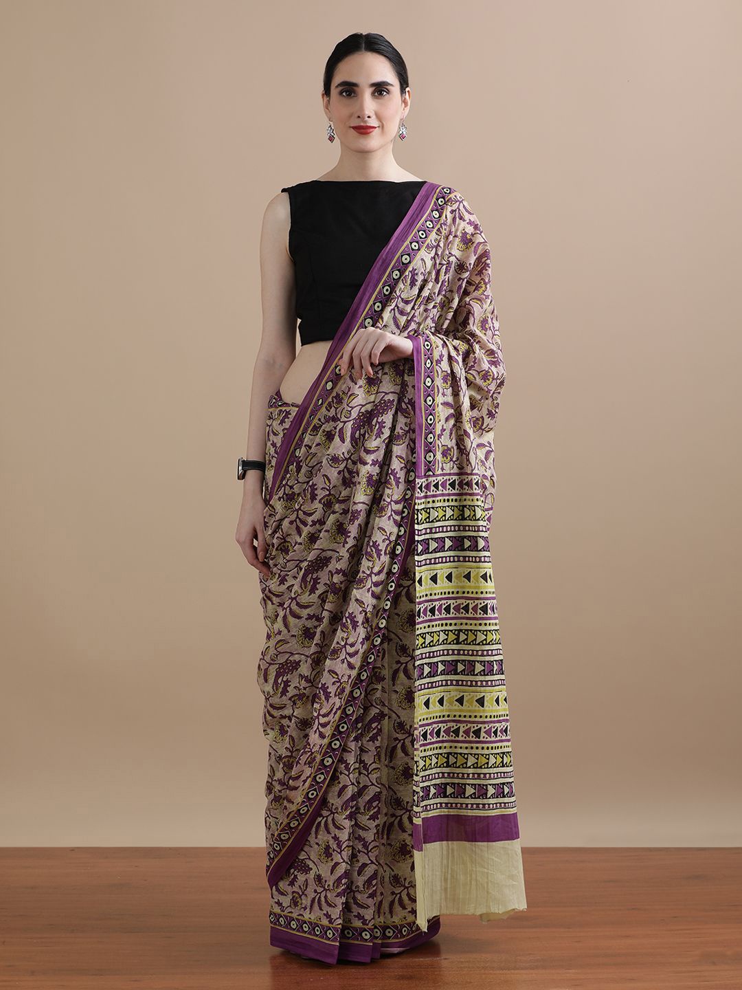 

Jaipur Kurti Floral Printed Pure Cotton Saree, Purple