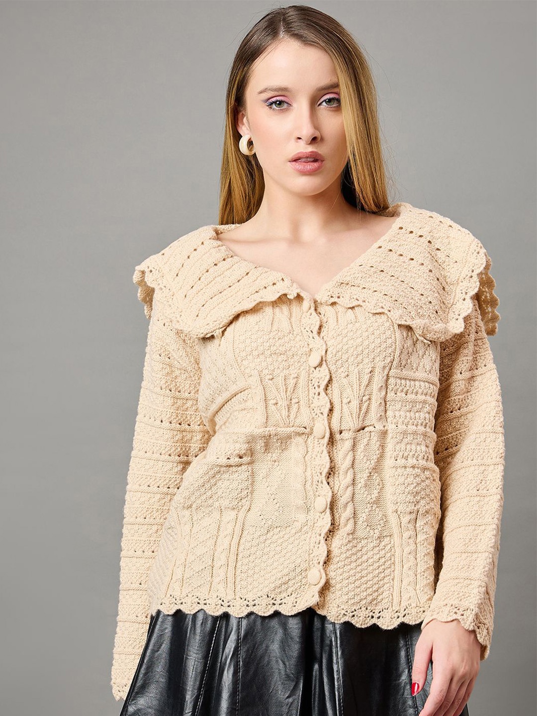 

KASMA Women Cable Knit Woollen V-Neck Cardigan, Beige
