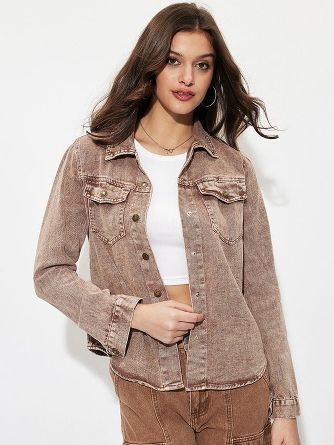 

LULU & SKY Women Spread Collar Washed Self Design Cotton Casual Denim Jacket, Coffee brown