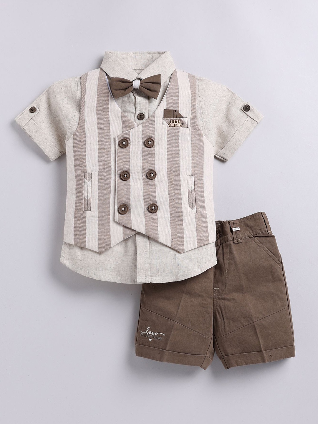 

LITTLE COLLARS Boys Striped Pure Cotton Shirt with Shorts & Waistcoat, Khaki