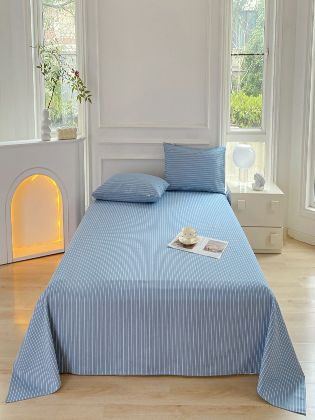 

JC HOME Blue & White Striped 150 TC Single Bedsheet with 1 Pillow Covers