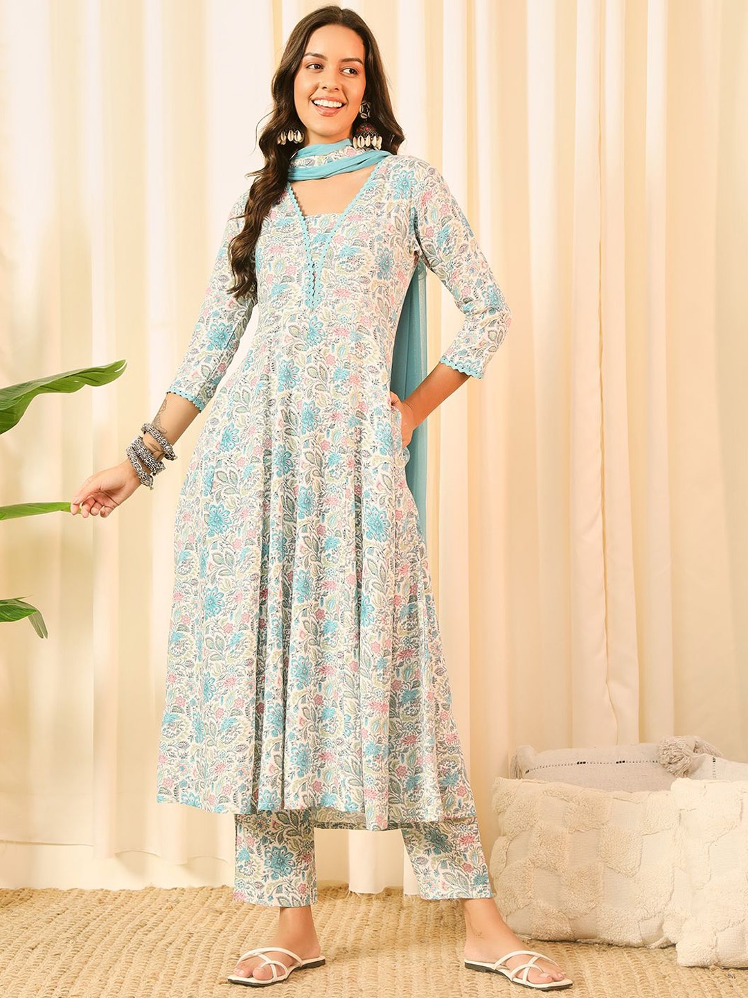 

Meeranshi Floral Printed Pure Cotton Anarkali Kurta With Trousers & Dupatta, Blue