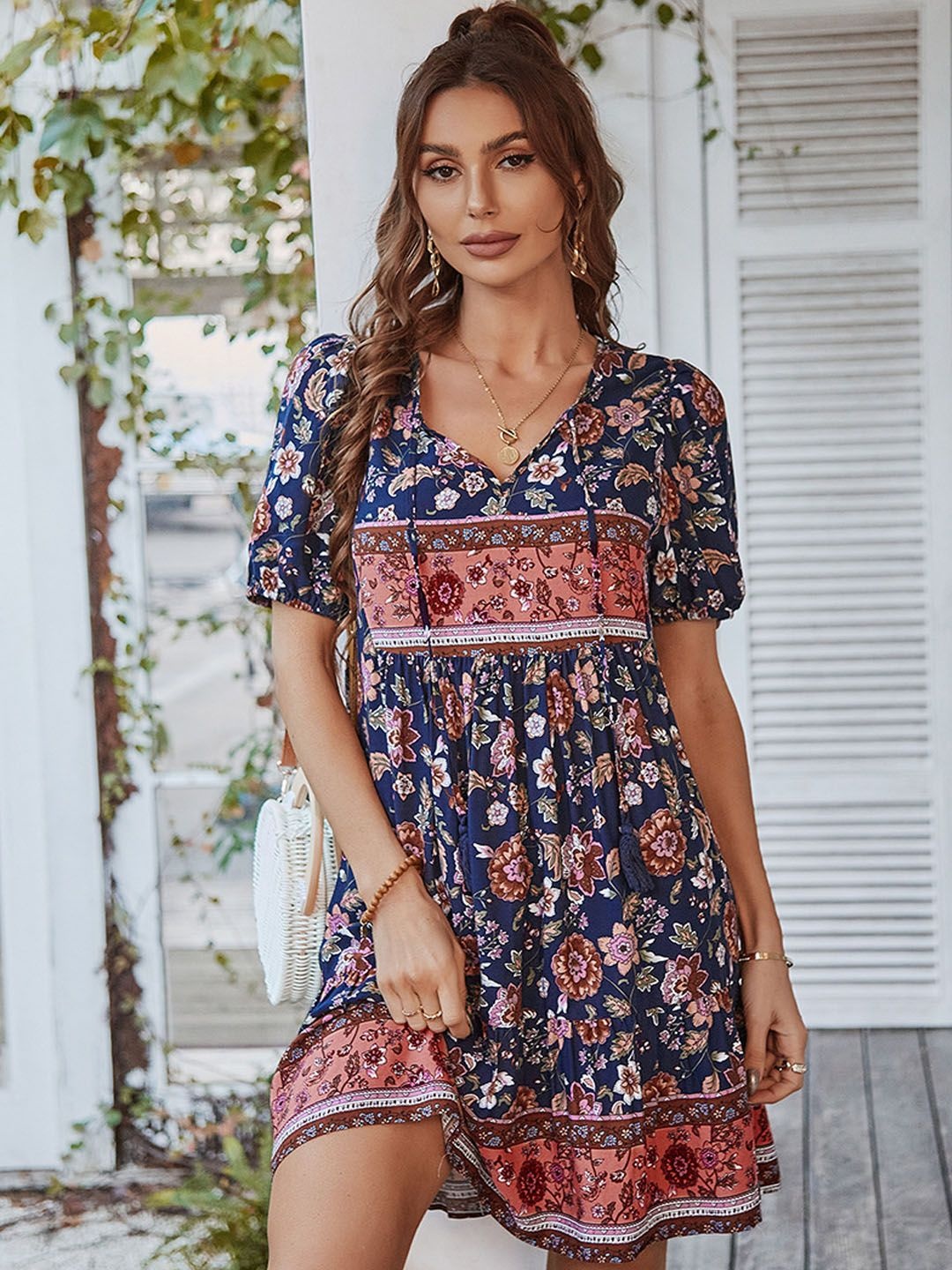 

StyleCast Floral Printed Tie-Up Neck A-Line Dress, Navy blue