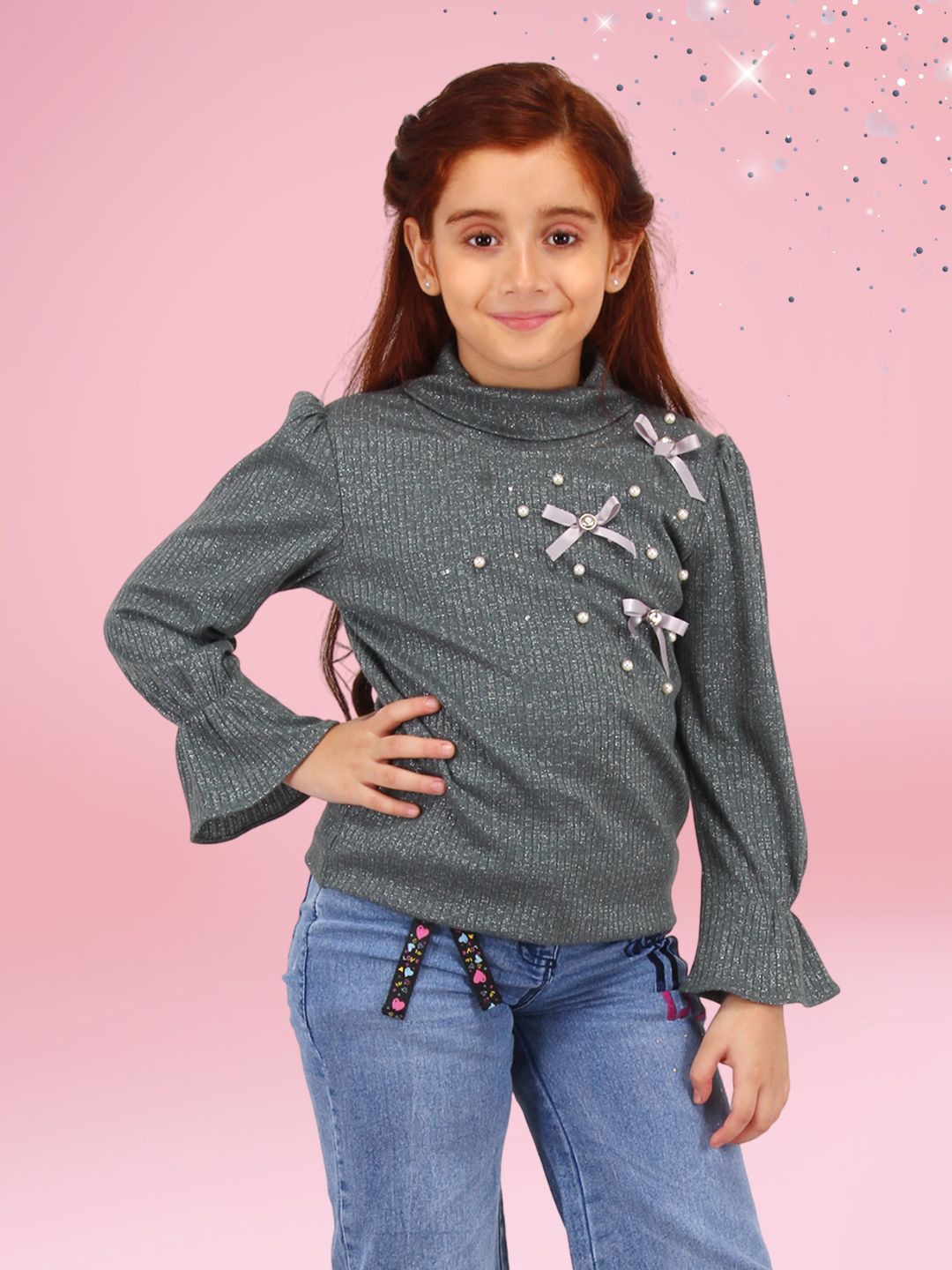 

CUTECUMBER Girls Round Neck Bell Sleeves Top, Grey