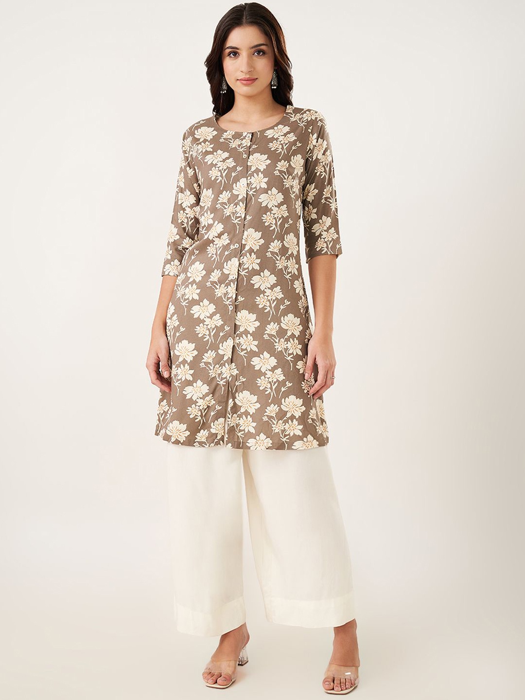 

RANGMANCH BY PANTALOONS Floral Printed Regular Straight Kurta, Khaki