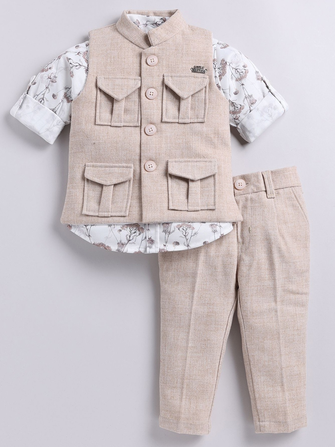 

LITTLE COLLARS Boys Printed Mandarin Collar 3 Piece Suit, Beige