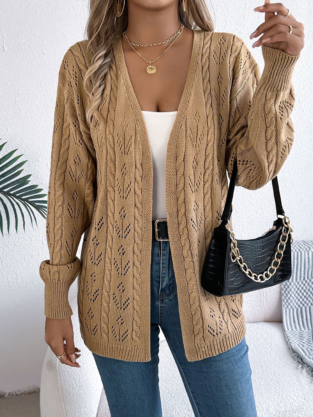 

StyleCast x Revolte Khaki Coloured Self Design Open Front Acrylic Shrug