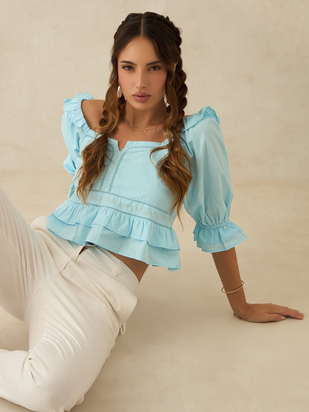 

Virgio Women Cotton Square With Slit Crop Length Solid Elbow Sleeve Top, Blue