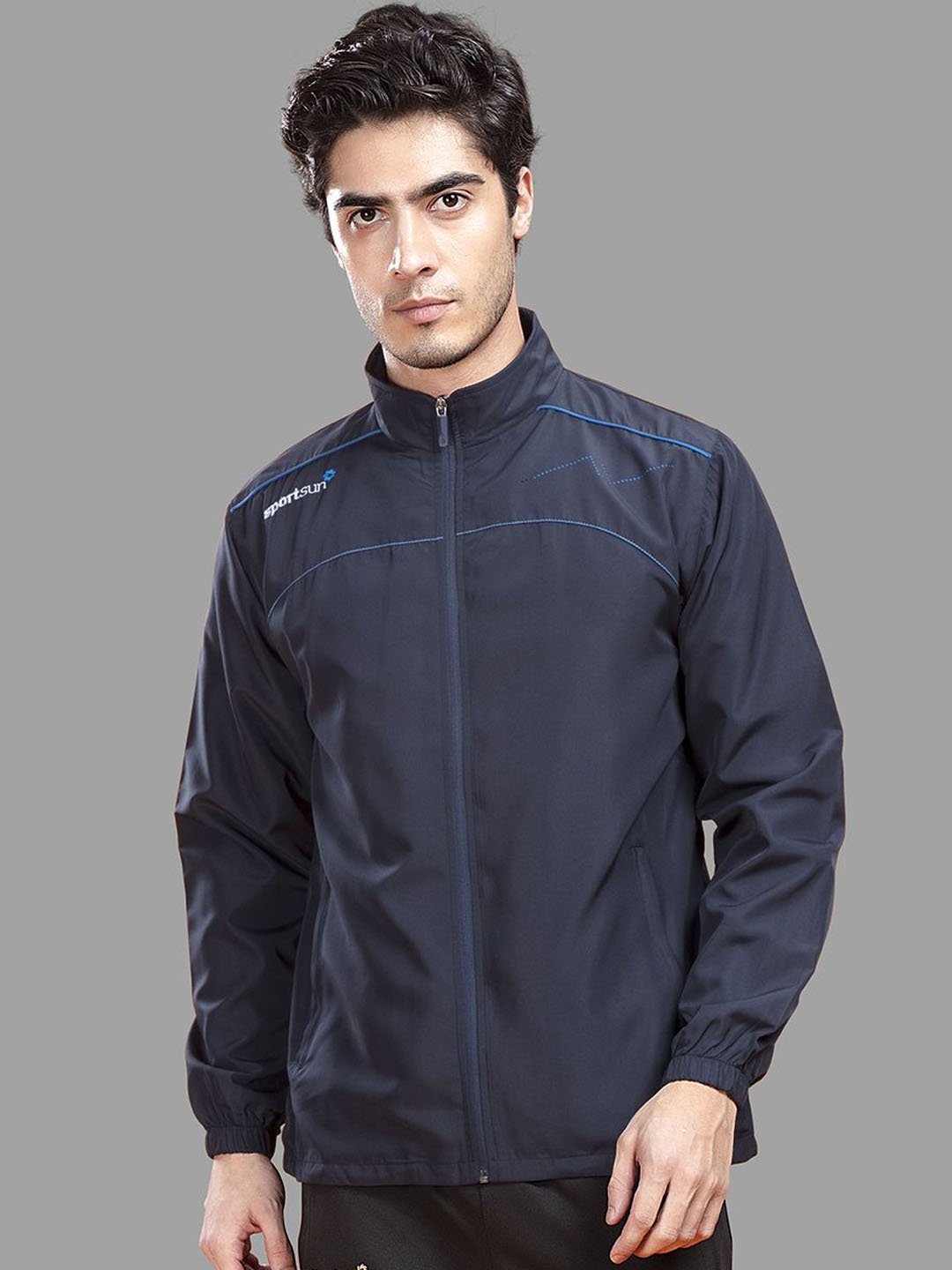 

SPORT SUN Men Mock Collar Solid Sports Sporty Jacket, Navy blue