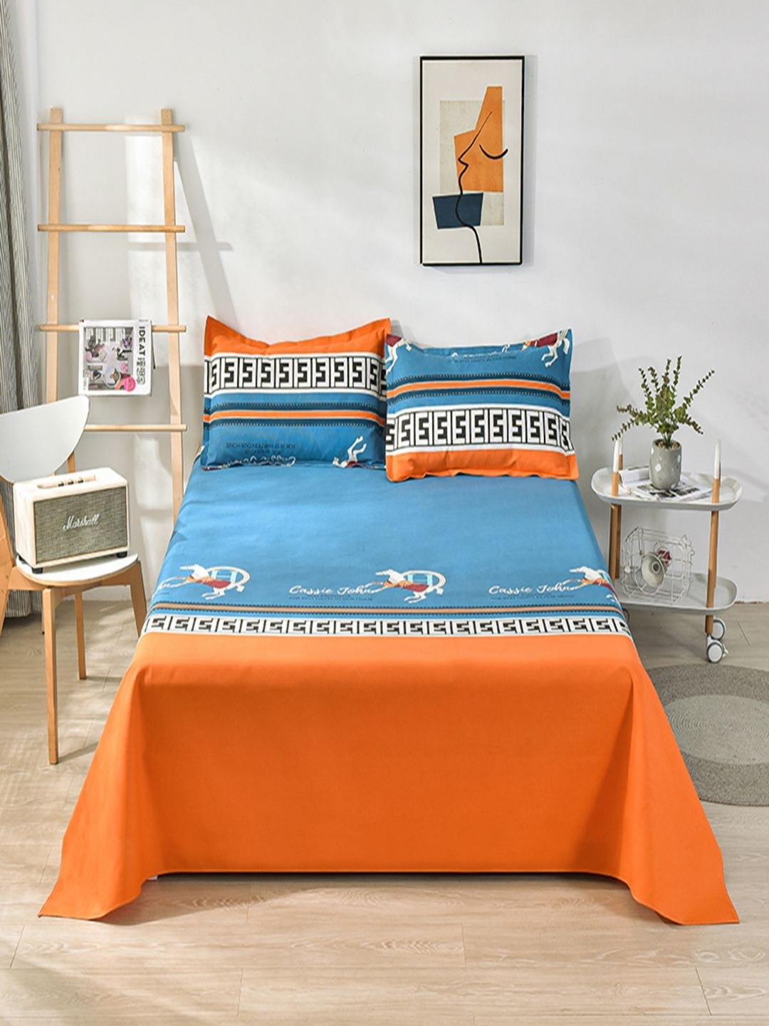 

JC HOME Blue & Orange Geometric King Bedsheet with 2 Pillow Covers