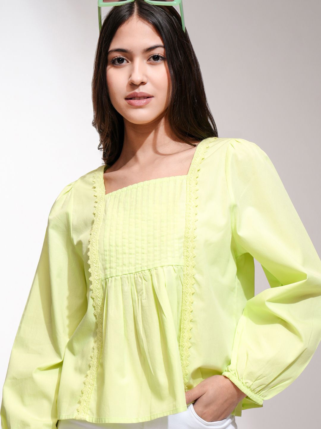 

Tokyo Talkies Women Square Neck Cotton Blouson Top, Lime green