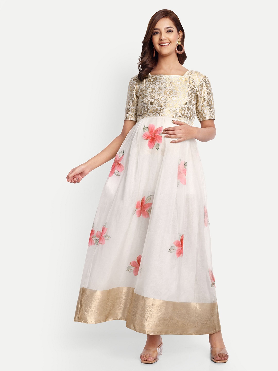 

THOTTIL Women Floral Printed Maternity Cotton Fit & Flare Maxi Dress, White