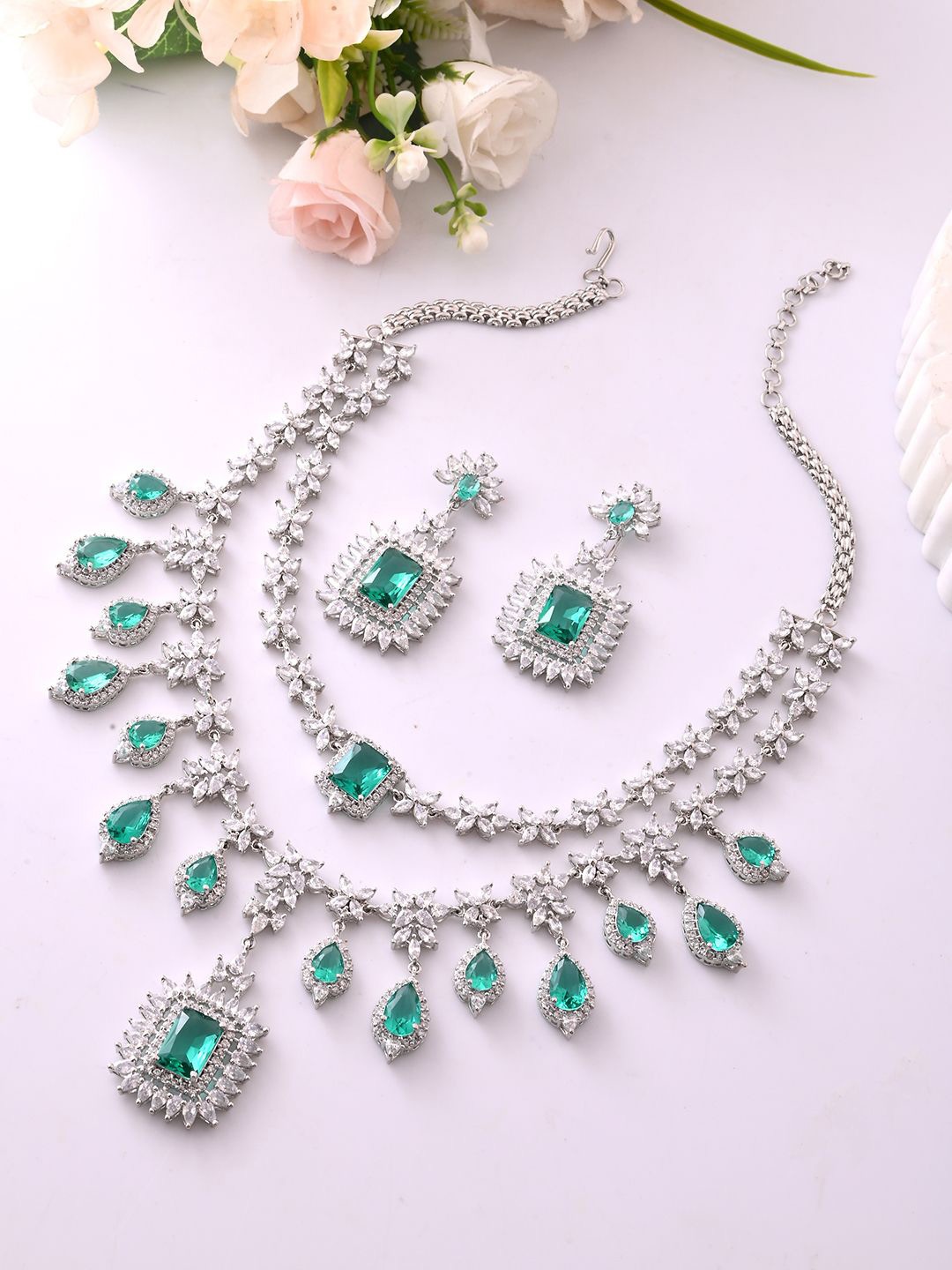 

Voylla Rhodium-Plated Layered Luxury American Diamond Studded Jewellery Set, Silver