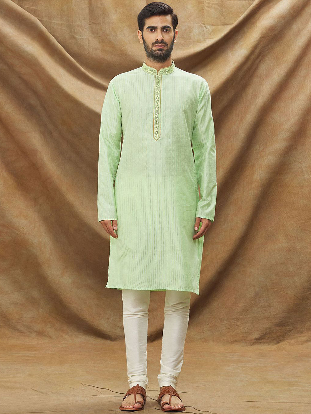 

Samyukta Singhania Striped Mandarin Collar Regular Thread Work Straight Kurta With Trouser, Green
